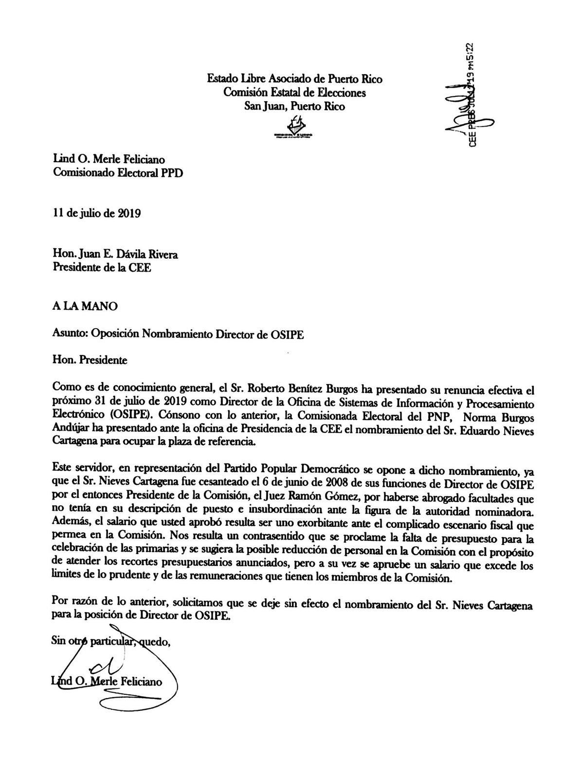 Carta comisionado electoral PPD sobre sueldazo a ayudante de Norma Burgos